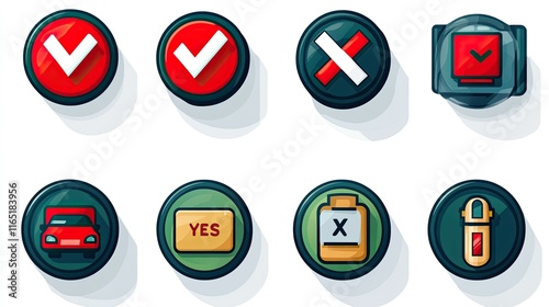 Free Download Collection of colorful round interface buttons with various symbols checkmarks, crosses, truck, battery, yes, no. - GFXLoad