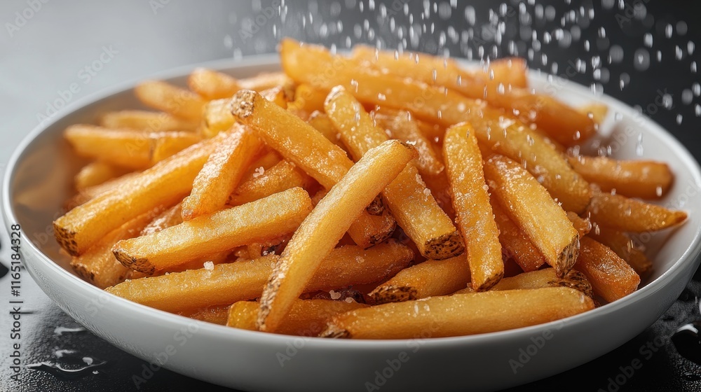 Golden french fries in a bowl, being sprinkled with salt. Golden french fries in a bowl, being sprinkled with salt.