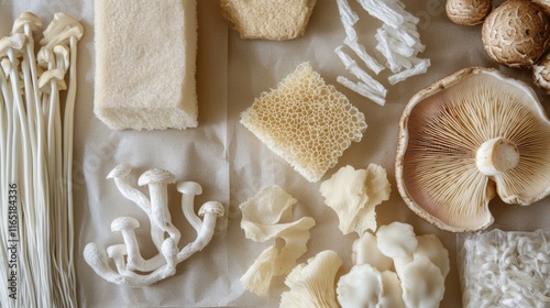 A close-up of innovative biodegradable packaging materials like cornstarch, bamboo, and mushroom-based products photo