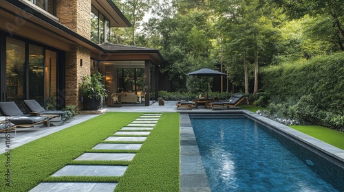 Fototapeta Naklejka Na Ścianę i Meble -  Modern backyard with pool, patio, and lush landscaping.