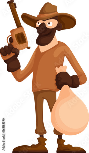 Cartoon depiction of a masked cowboy bandit holding a pistol and a sack of loot, standing confidently on a white background.