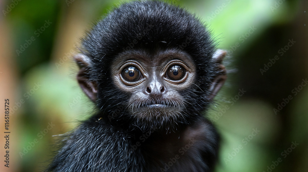 Fototapeta premium The image shows a close-up of a baby monkey with large, expressive eyes and a black fur coat