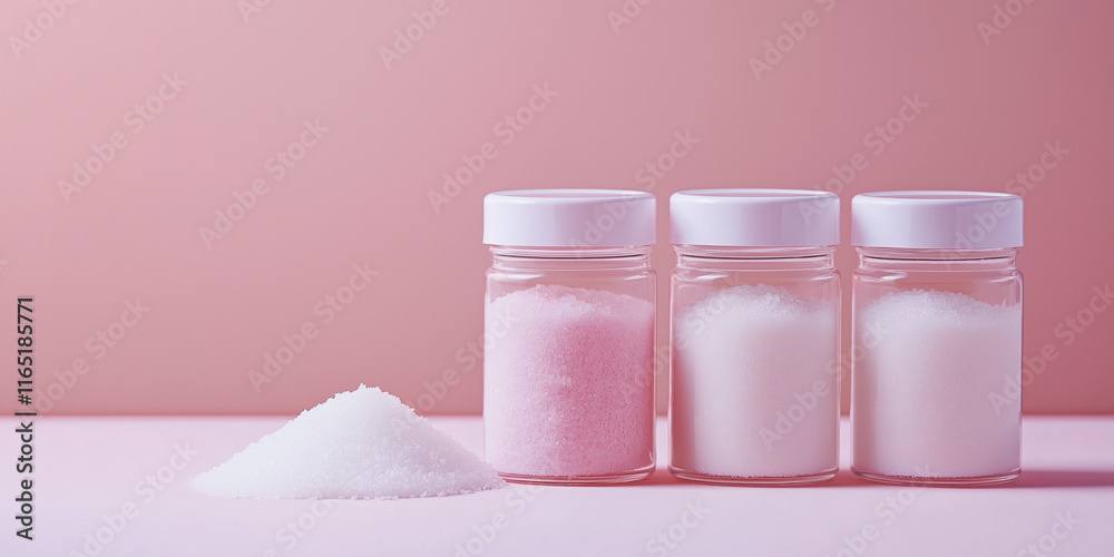 Minimalist jars of bath salts displayed on a gradient pink background Minimalist jars of bath salts displayed on a gradient pink background