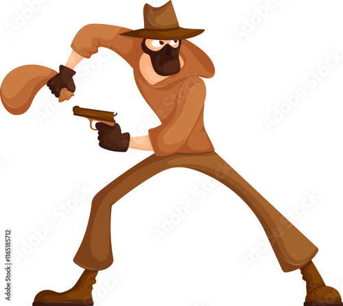 Dynamic cartoon of a masked cowboy thief holding a gun and swinging a sack of loot, ready for action on a white background.