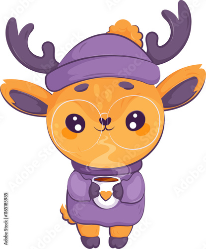 Adorable cartoon deer wearing a purple winter hat and sweater, holding a cup of hot beverage, perfect for cozy designs.