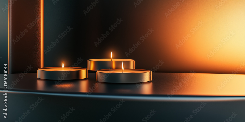 Three lit candles in sleek metallic holders placed on a gradient surface with soft lighting Three lit candles in sleek metallic holders placed on a gradient surface with soft lighting