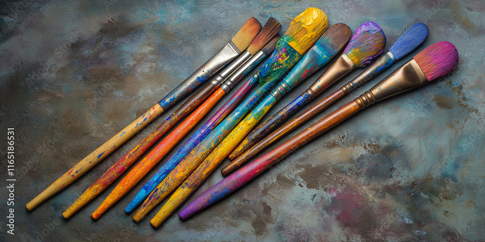 Obraz premium Assorted paintbrushes with colorful paint streaks placed on a rustic textured background