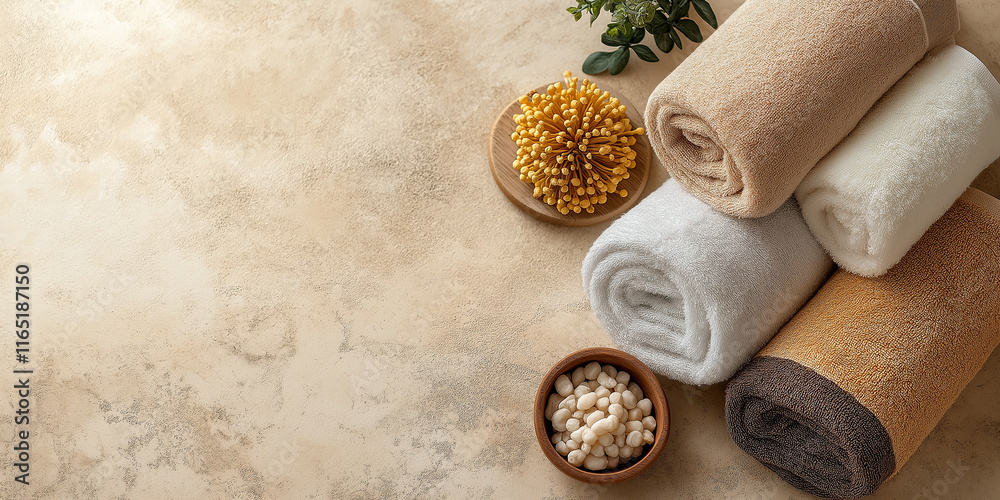 Fototapeta premium Neutral-colored rolled towels placed on a textured surface with spa accessories