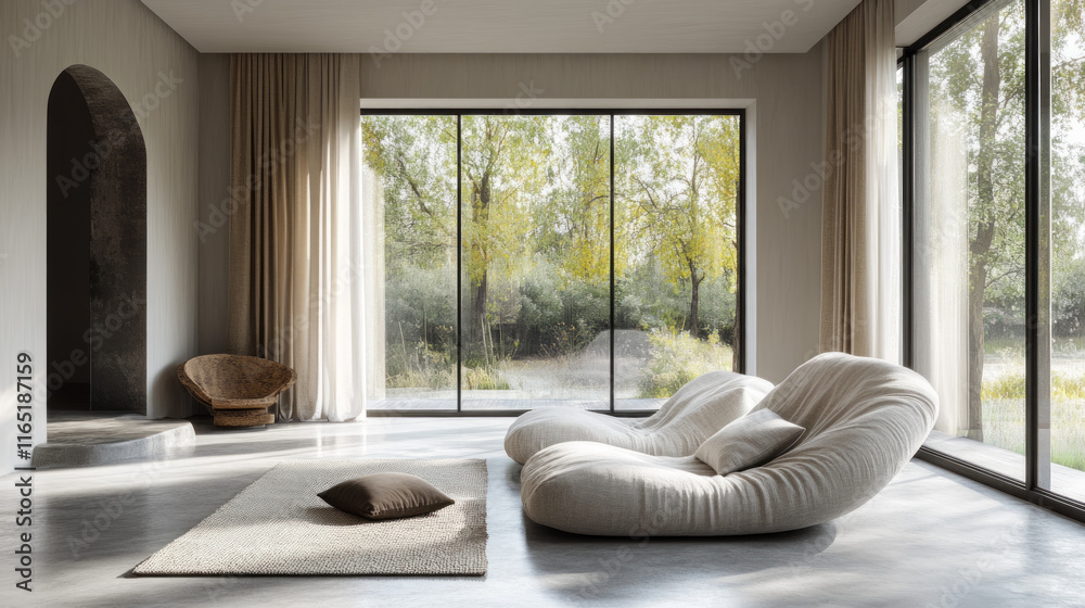 Fototapeta premium Serene Minimalist Living Room with Modern Sofa and Panoramic Garden View