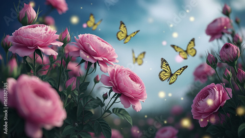 Dreamy Garden with Pink Roses and Yellow Butterflies