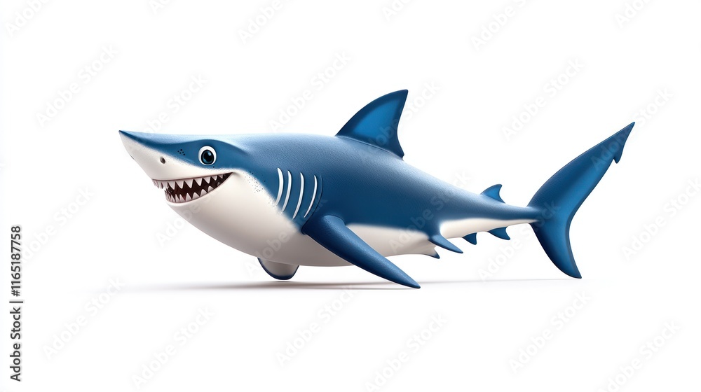 Fototapeta premium Cartoon shark character swimming with a playful expression.
