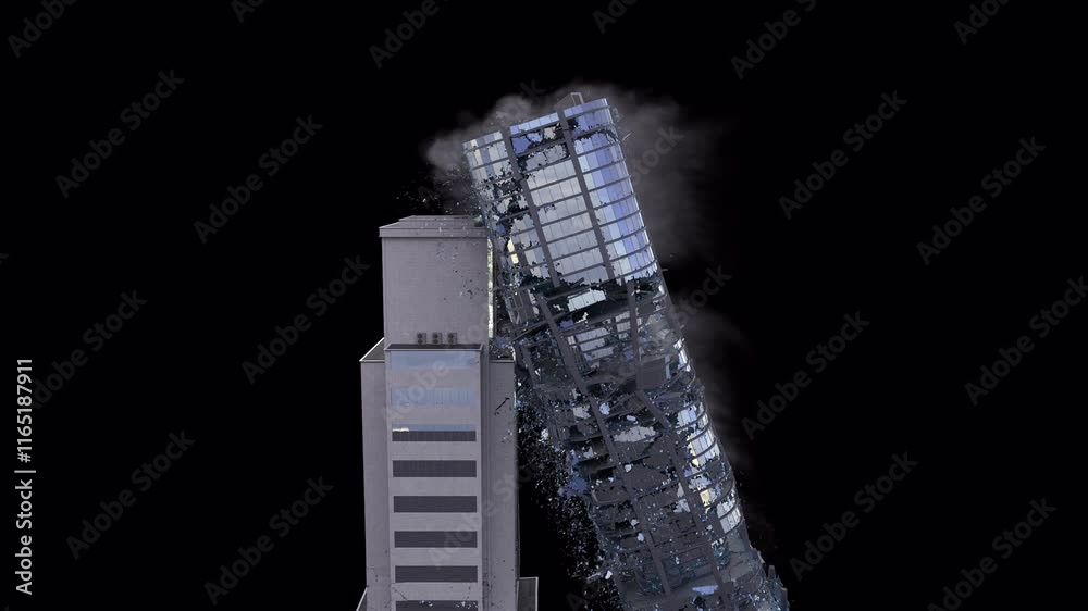 Realistically modeled(with inner and outer walls, concrete parts, columns, floor levels and bricks) building collapsing with dust and debris 4K drag and drop editing software supporting blending mode