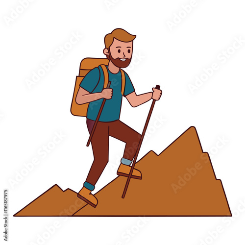 Vector illustration of a man hiking up a mountain trail on a white background.