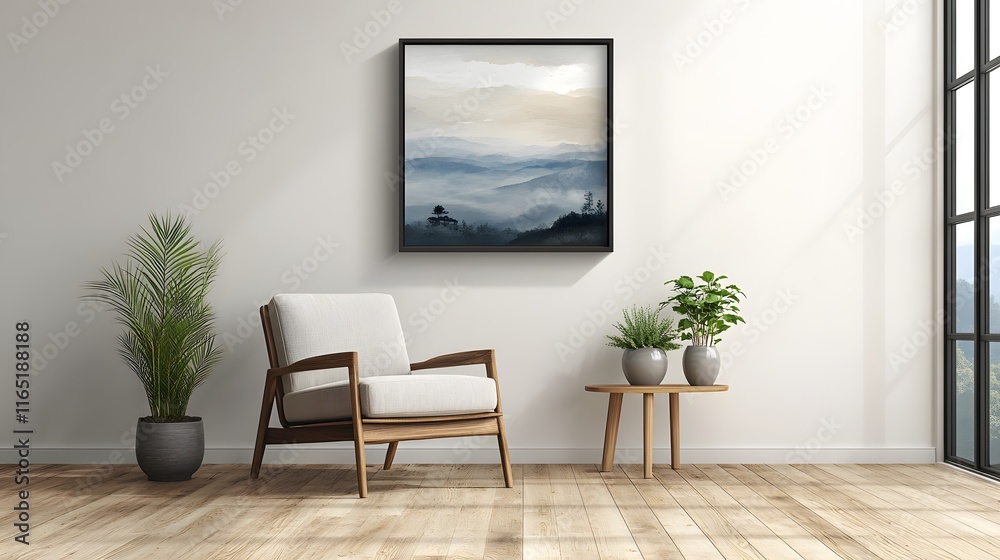 Serene Mountain Landscape Artwork Adorns Minimalist Living Room Serene Mountain Landscape Artwork Adorns Minimalist Living Room