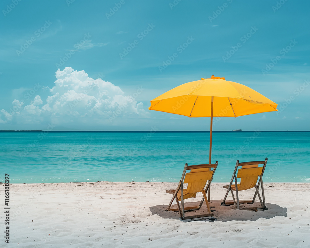 Serene Beach Scene with Yellow Umbrella and Chairs, Perfect for Travel and Leisure Concepts Serene Beach Scene with Yellow Umbrella and Chairs, Perfect for Travel and Leisure Concepts