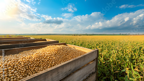 Bundles of Ripe Soybeans in Wooden Crates at a Soybean Farm sky view with copy space