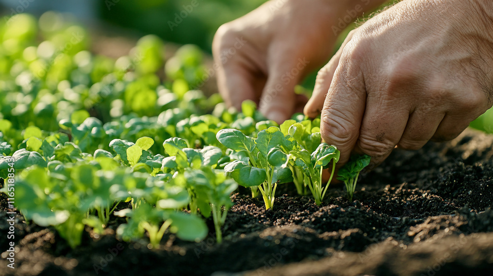 Close-Up of Hands Planting Crops with Focus on Sprouts Close-Up of Hands Planting Crops with Focus on Sprouts