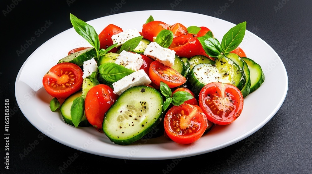 Fresh salad with tomatoes, cucumbers, basil, and feta cheese. Fresh salad with tomatoes, cucumbers, basil, and feta cheese.