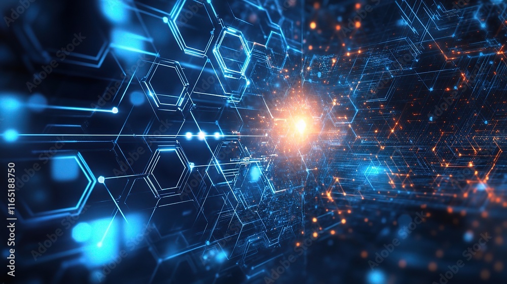Obraz premium Abstract Widescreen Background with Blue Hexagons and Glowing Lights