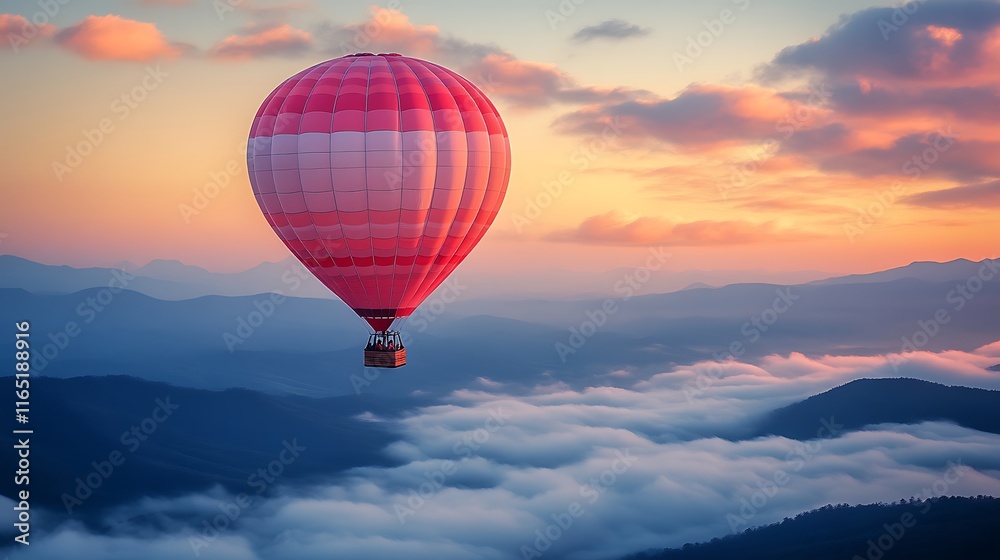 Fototapeta premium Hot Air Balloon Soaring Above Misty Mountains at Sunset