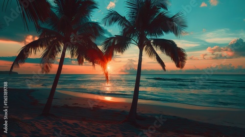 Fototapeta Naklejka Na Ścianę i Meble -  Silhouetted palm trees standing tall on a serene tropical beach at sunset with modern vintage color palette