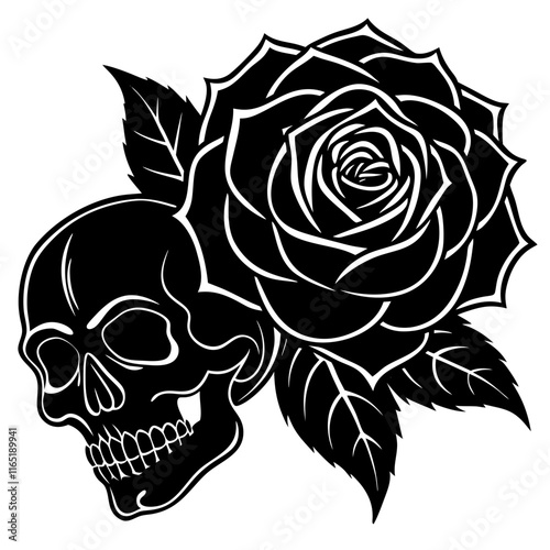 Skull with Blooming Rose and Leaves Vector Illustration