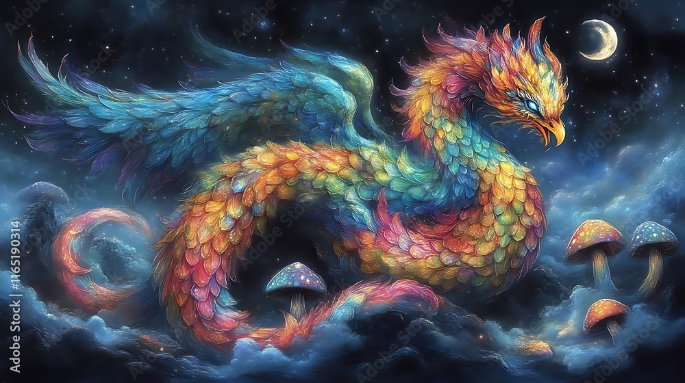 A Rainbow Phoenix Soaring Through a Night Sky A Rainbow Phoenix Soaring Through a Night Sky