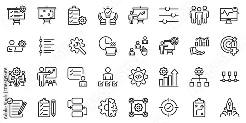 Action plan set of web icons in line style. Strategy action planning icons for web and mobile app. Containing strategy, analysis, planning, strategy, analysis, tasks, goal, implementation and more
