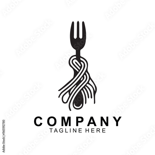 pasta logo design template vector. Round linear logo of spaghetti with fork on white background
