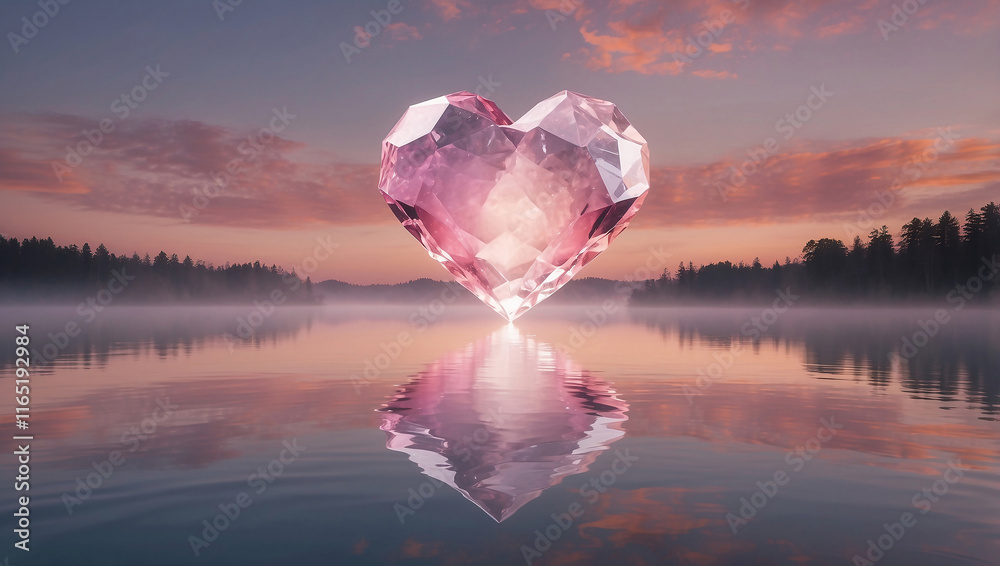 Fototapeta premium Floating Heart Crystal with Soft Pink Clouds at Sunset