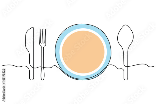 Minimalist continuous one line drawing of plate with fork, spoon and knife. Restaurant concept line icon. Vector illustration