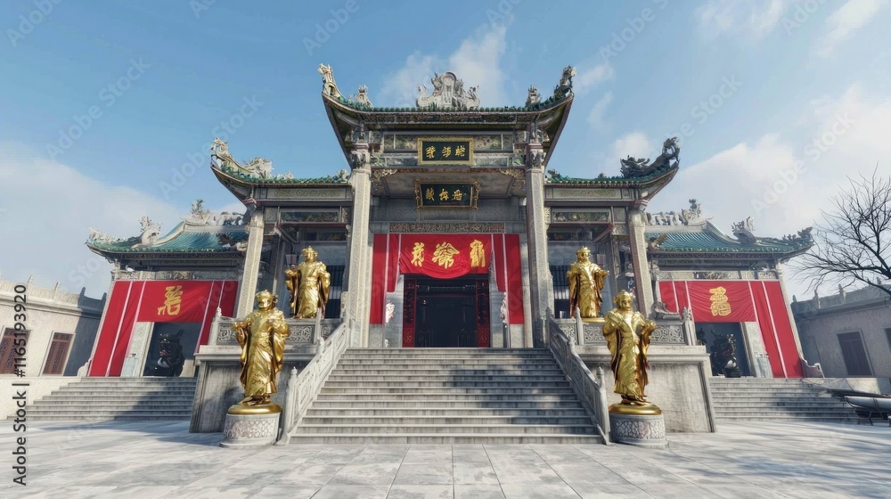 Ornate temple entrance with golden statues and red banners. Ornate temple entrance with golden statues and red banners.