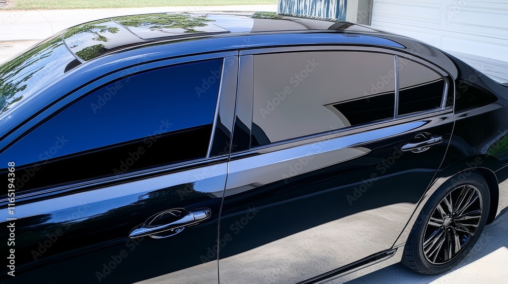 Obraz premium Side view of car window tint, ceramic film provides heat rejection and UV protection with stable color, car film installed on the glass surface of the , selected focus car tinting service