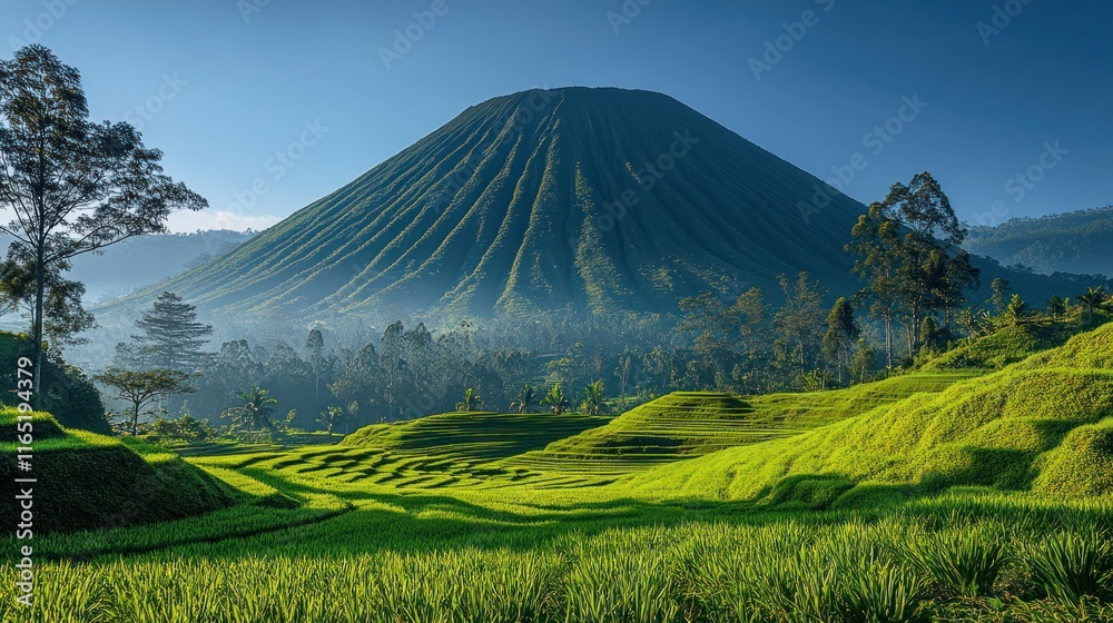 Fototapeta premium Majestic volcano overlooking lush green rice terraces at sunrise.
