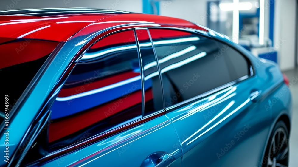 Fototapeta premium Side view of car window tint, ceramic film provides heat rejection and UV protection with stable color, car film installed on the glass surface of the , selected focus car tinting service
