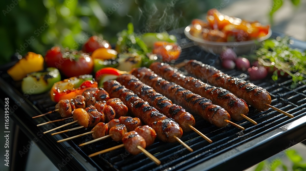 Grilled sausages and vegetables cooking on a barbecue grill Grilled sausages and vegetables cooking on a barbecue grill
