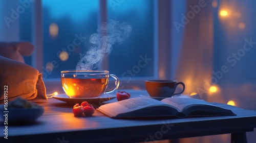 A cozy table setup for a late-night healthy snack, with a book and a steaming cup of tea photo