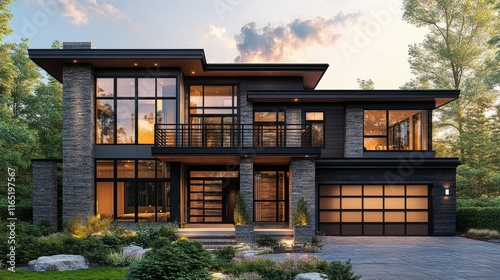 Modern luxury home exterior at dusk.