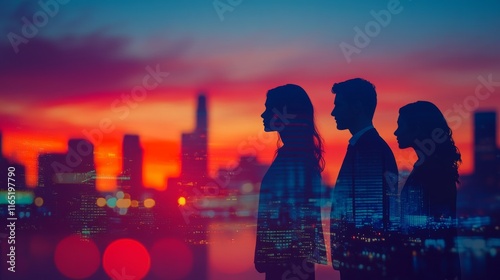 A group of people are silhouetted against a city skyline at sunset