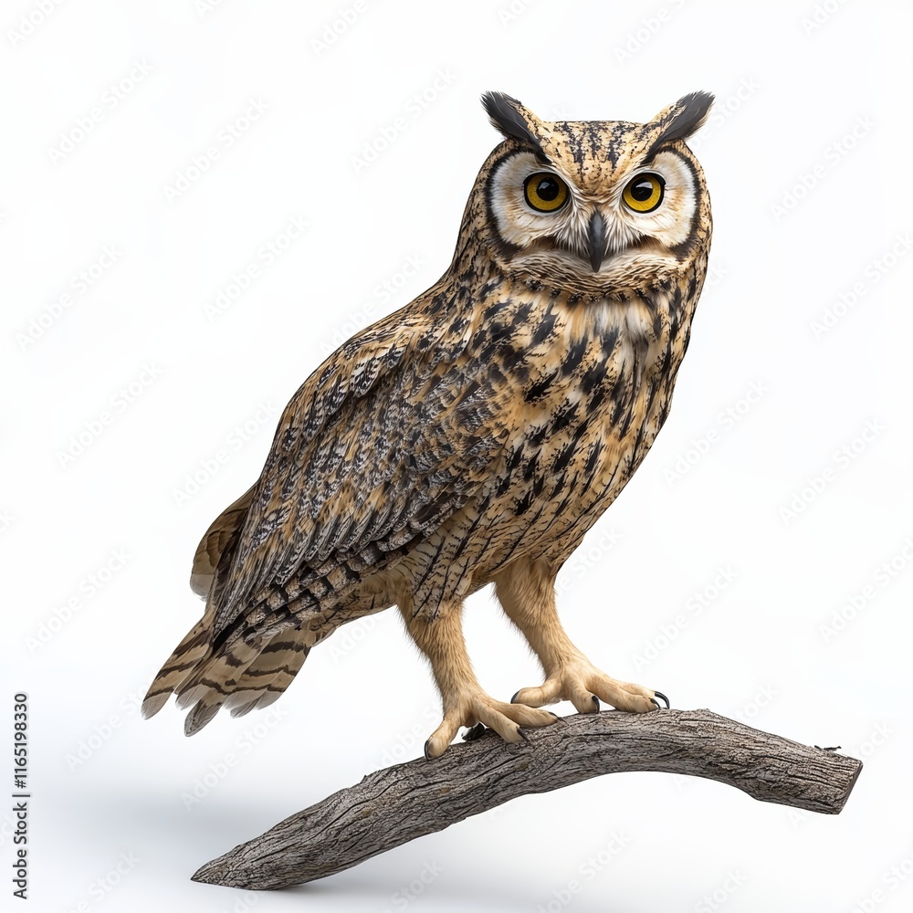 Naklejka premium Small 3D owl perched on a branch, with beautifully detailed feathers, isolated on a clean white background