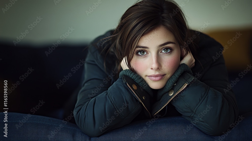 Obraz premium A woman is sitting on a couch with her head on her hands