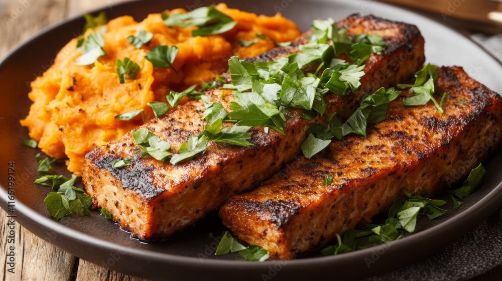 A creative plate of seitan steak garnished with fresh herbs and served with a side of mashed sweet potatoes A creative plate of seitan steak garnished with fresh herbs and served with a side of mashed sweet potatoes