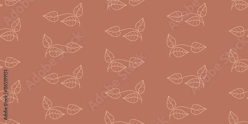 Seamless botanical Pattern on Brown Background. Elegant Linear leaves on mocha mousse backdrop. Horizontal Vector illustration. Hand outline drawing. Minimal Design template