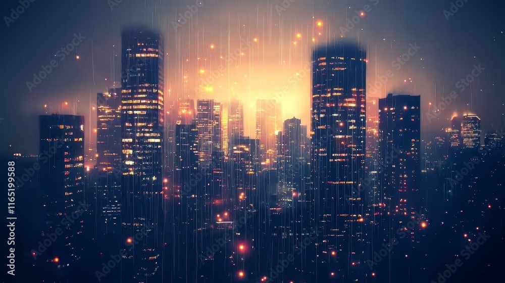 custom made wallpaper toronto digitalGlowing Cityscape at Night Rain Lights and Urban Skyline