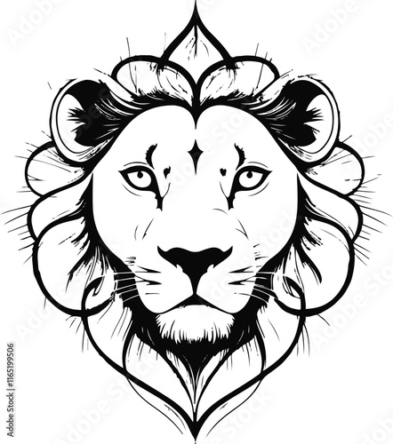 minimalist lion face mandala illustration in a flat vector art style, set against a pristine white background, featuring intricate and symmetrical line patterns 1.eps