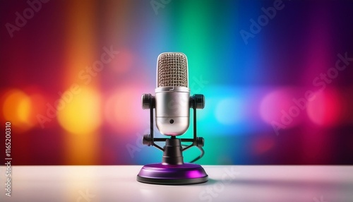 podcast mic on white table with RGB light background