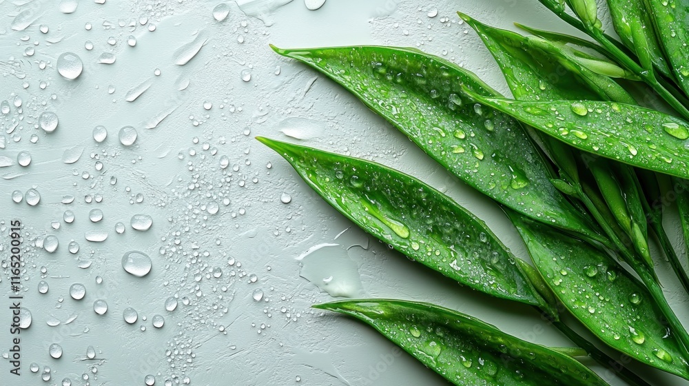 Obraz premium Fresh green leaves with water droplets on a light gray background.