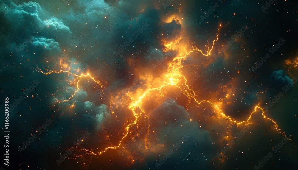 Fototapeta premium Cosmic Lightning Storm Fiery Plasma Arcs Across Nebula Cloudscape