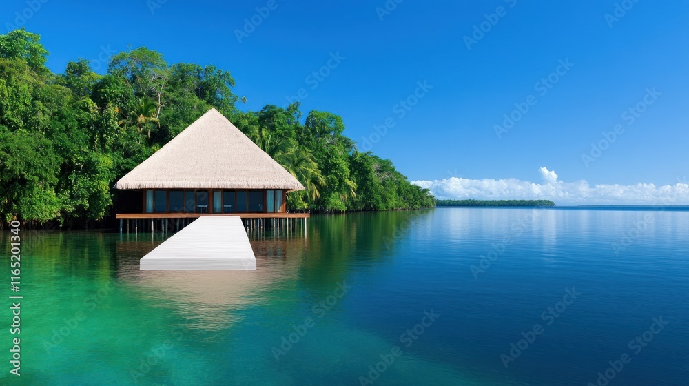 Serene waterfront villa surrounded by lush greenery and calm waters. Serene waterfront villa surrounded by lush greenery and calm waters.