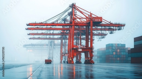 Rainy day at a container port with large red cranes and cargo containers.
